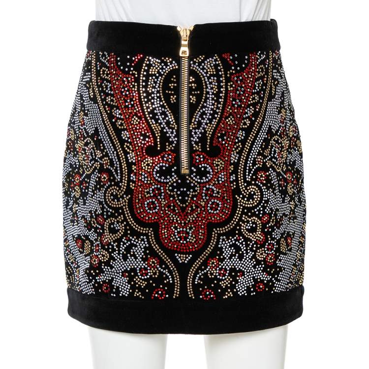 Pre Owned Balmain Black Embellished Velvet Mini Skirt S