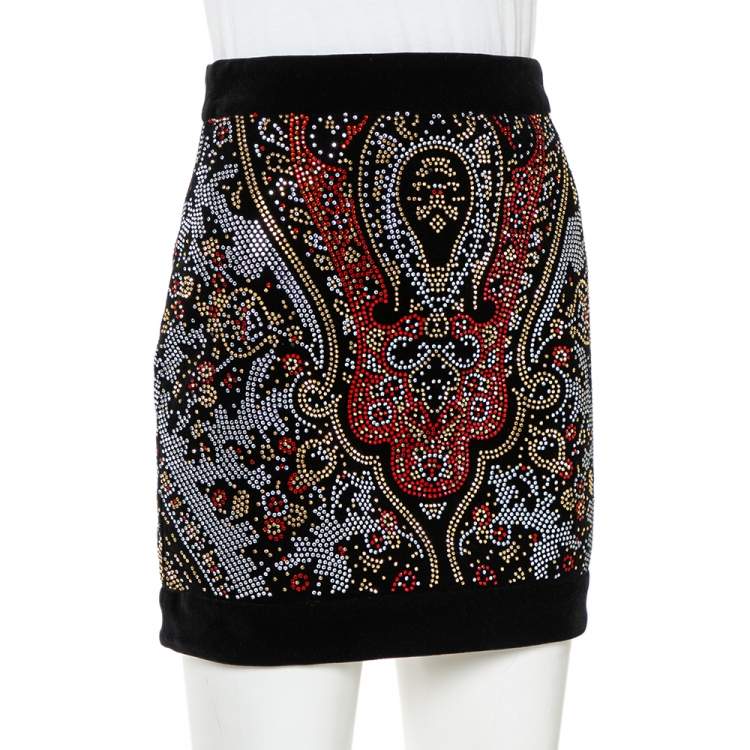Pre Owned Balmain Black Embellished Velvet Mini Skirt S