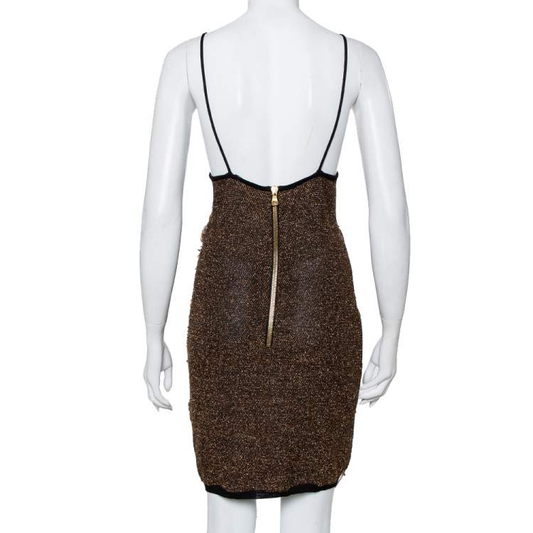 Pre Owned Balmain Gold Mesh Fringe Detail Sleeveless Mini Dress M