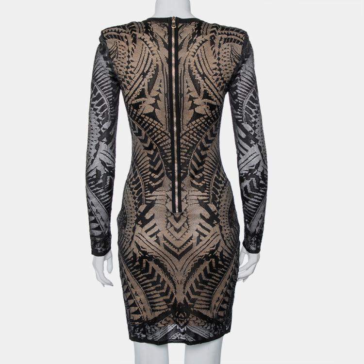 Pre Owned Balmain Black Lace Long Sleeve Sheath Dress M