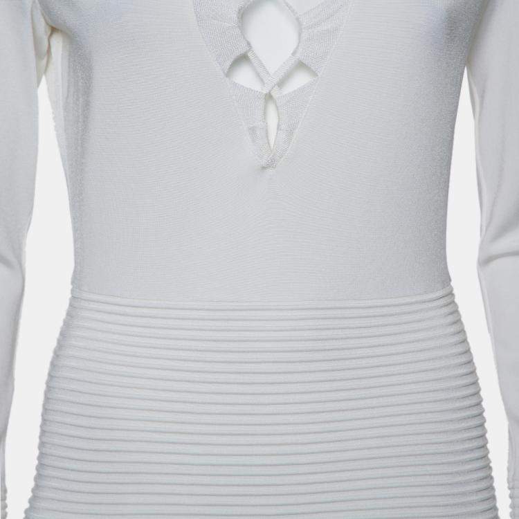 Pre Owned Balmain White Textured Knit Lace Up Tie Detail Mini Dress M