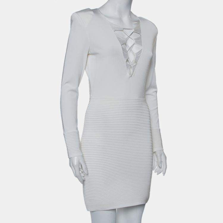 folkeafstemning Udvalg løfte Balmain White Textured Knit Lace Up Tie Detail Mini Dress M Balmain | TLC