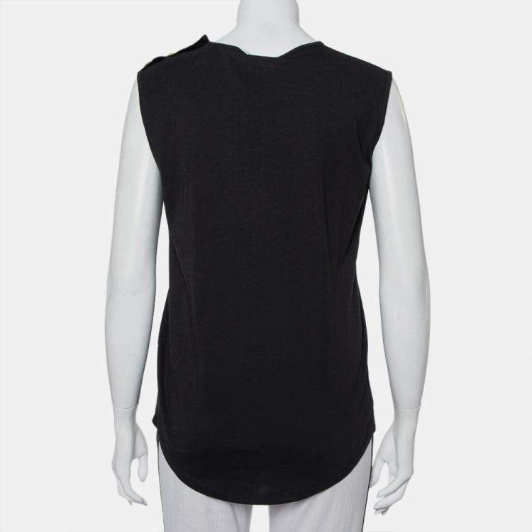Pre Owned Balmain Black Cotton Crystal Logo Embellished Button Detail Sleeveless T-Shirt M
