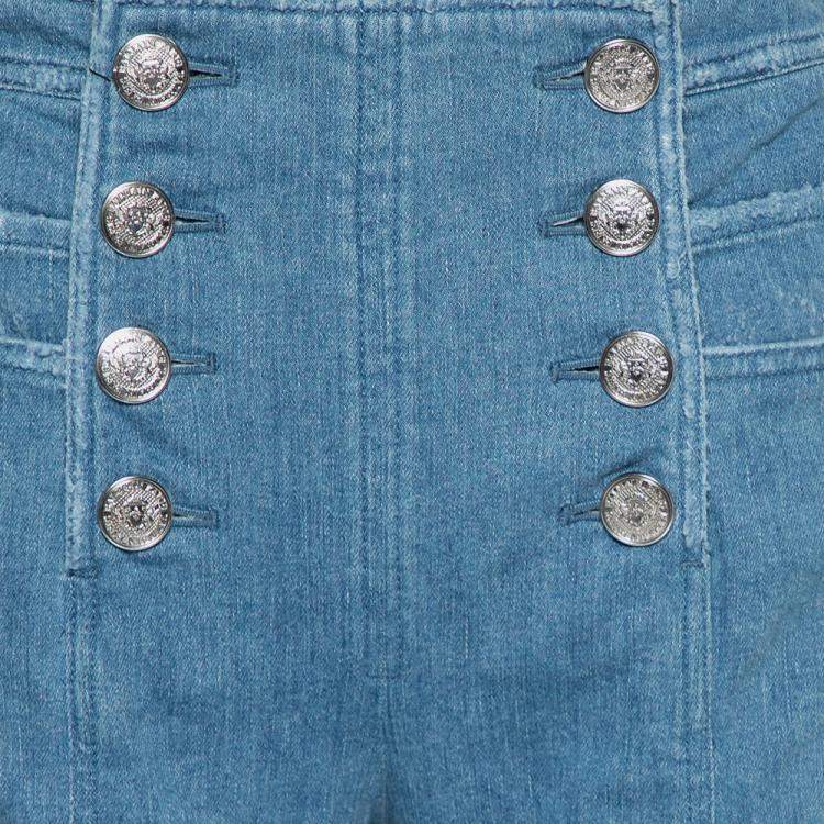 Pre Owned Balmain Blue Denim High Waist Distressed Jeans M
