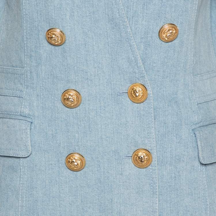 Pre Owned Balmain Blue Denim Double Breasted Mini Dress L
