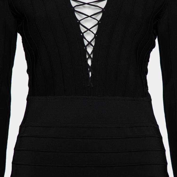Pre Owned Balmain Black Knit Lace Up Detail Mini Dress M