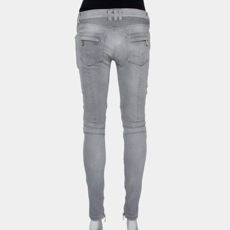 Pre Owned Balmain Grey Denim Biker Jeans M