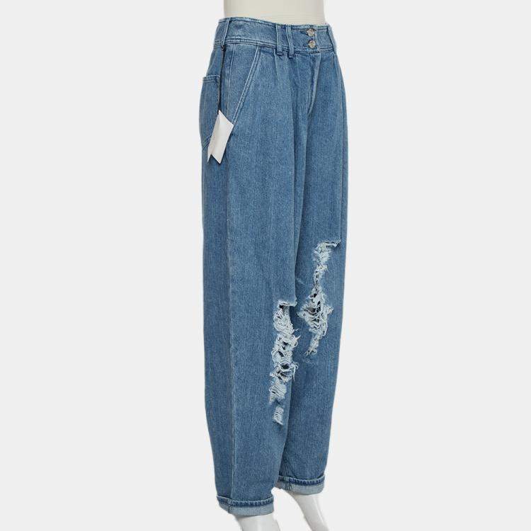 Pre Owned Balmain Blue Denim High Waist Destroyed Jeans M