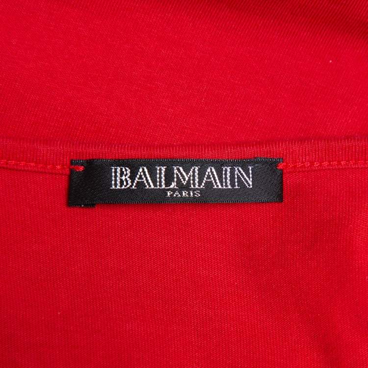 Pre Owned Balmain Red Logo Printed Cotton Shoulder Button Detail Sleeveless T-Shirt S