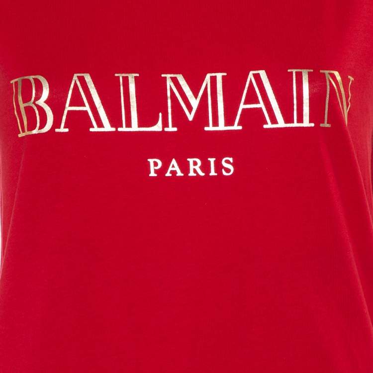 Pre Owned Balmain Red Logo Printed Cotton Shoulder Button Detail Sleeveless T-Shirt S