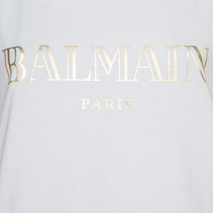 Pre Owned Balmain White Logo Printed Cotton Shoulder Button Detail Sleeveless T-Shirt M
