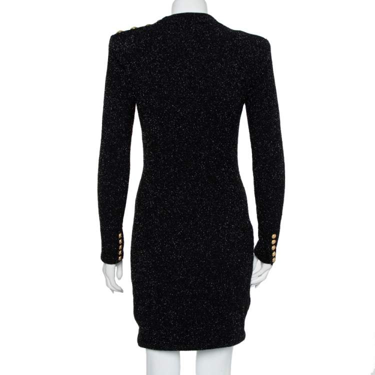 Pre Owned Balmain Black Lurex Knit Shoulder Button Detail Mini Dress M