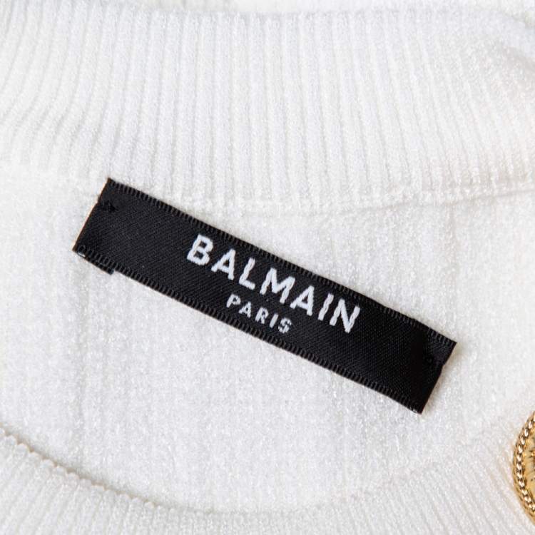 Pre Owned Balmain White Rib Knit Button Embellished Cutaway Top S