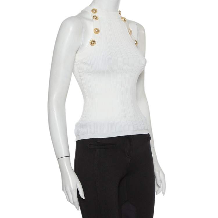 Pre Owned Balmain White Rib Knit Button Embellished Cutaway Top S