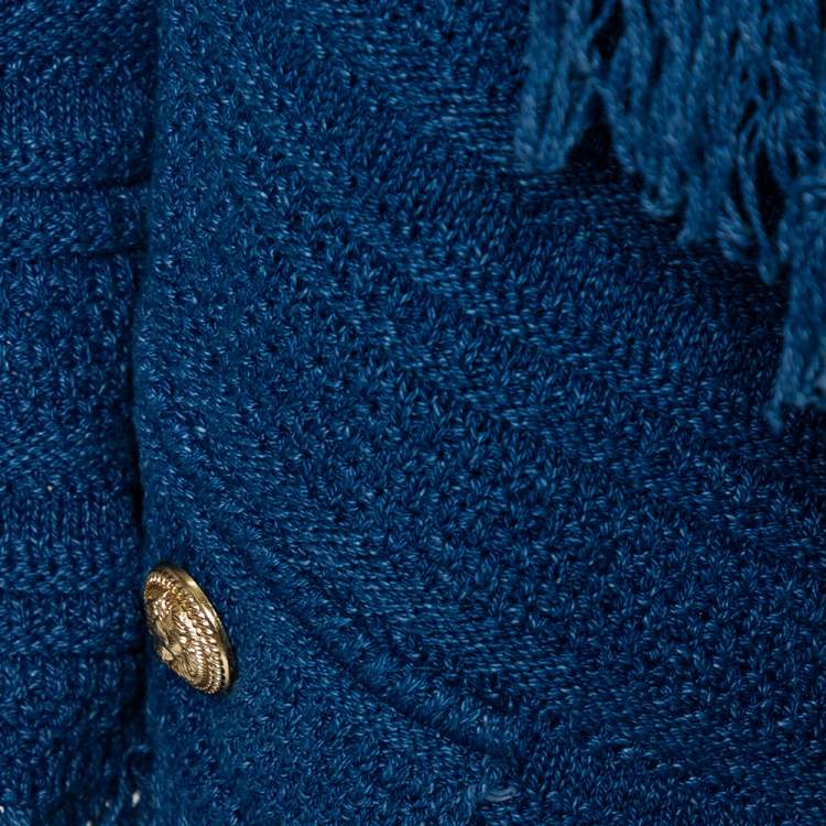 Pre Owned Balmain Blue Textured knit Fringed Open Front Jacket XL