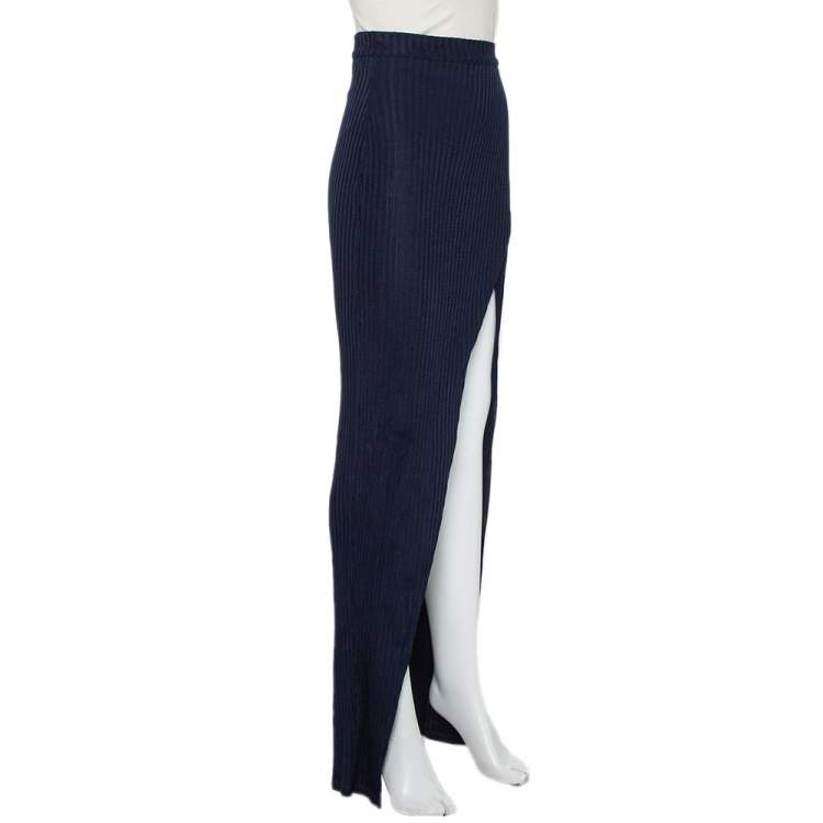 Pre Owned Balmain Navy Blue Rib Knit Thigh High Slit Detail Faux Wrap Maxi Skirt S