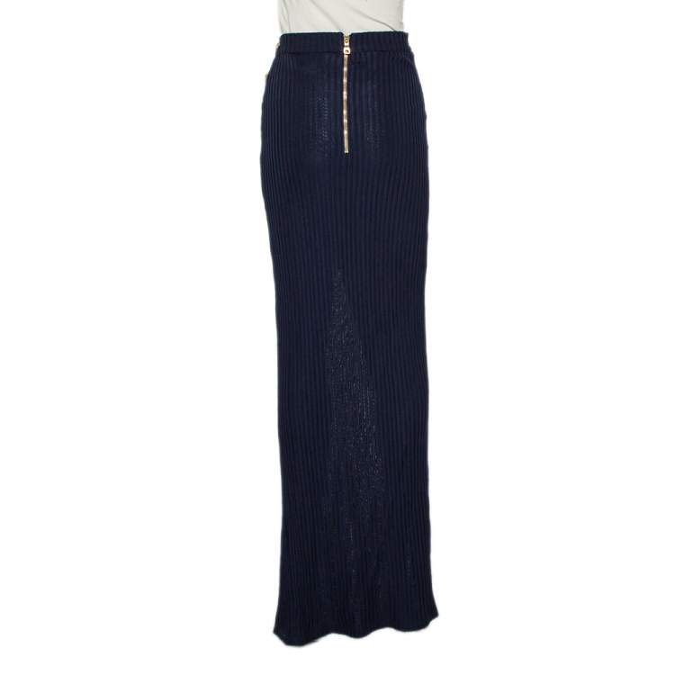 Pre Owned Balmain Navy Blue Rib Knit Thigh High Slit Detail Faux Wrap Maxi Skirt S