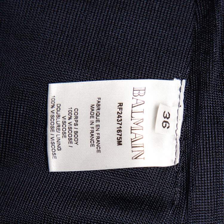 Pre Owned Balmain Navy Blue Rib Knit Thigh High Slit Detail Faux Wrap Maxi Skirt S