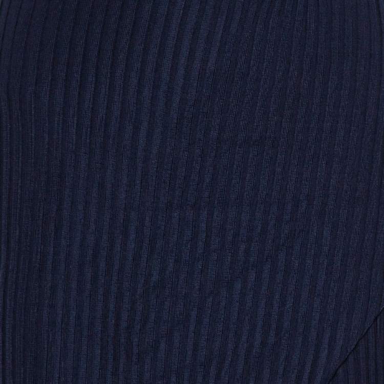 Pre Owned Balmain Navy Blue Rib Knit Thigh High Slit Detail Faux Wrap Maxi Skirt S