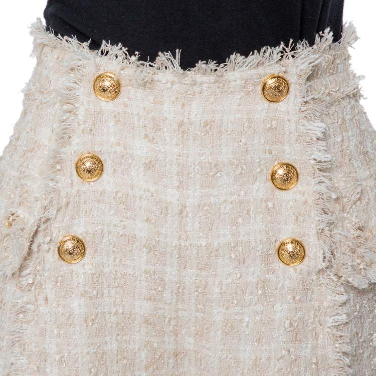 Pre Owned Balmain Cream Tweed Button Detail Shorts S