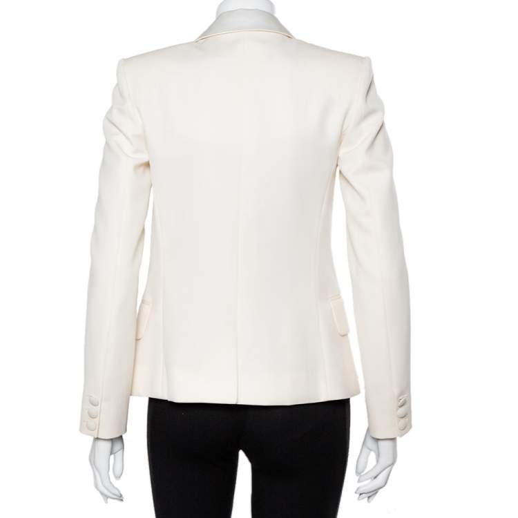 Pre Owned Balmain Cream Wool Satin Trim Open Front Blazer M