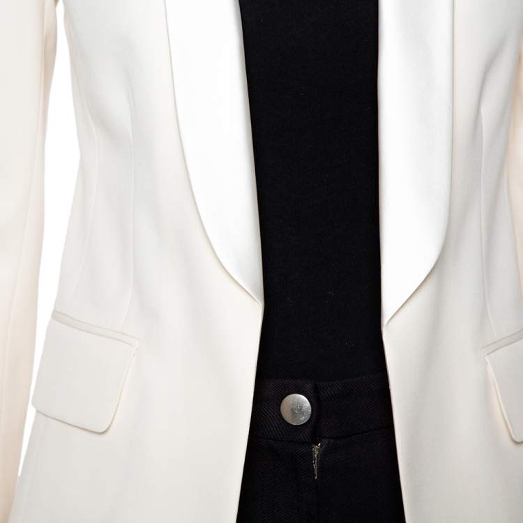 Pre Owned Balmain Cream Wool Satin Trim Open Front Blazer M