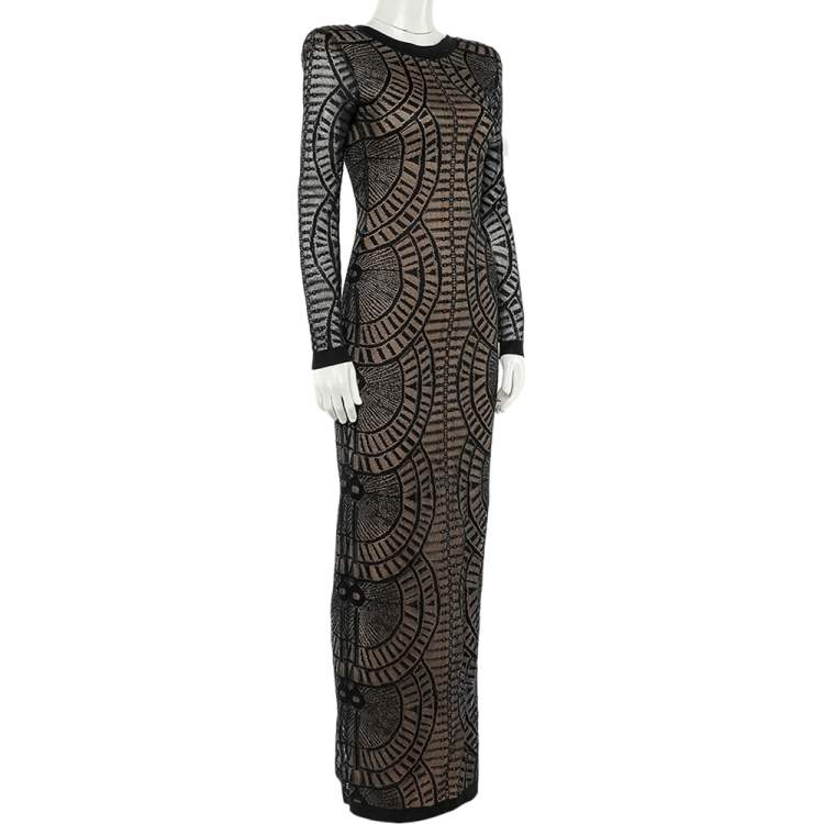 Pre Owned Balmain Black Perforated Stretch Knit Long Sleeve Dress S