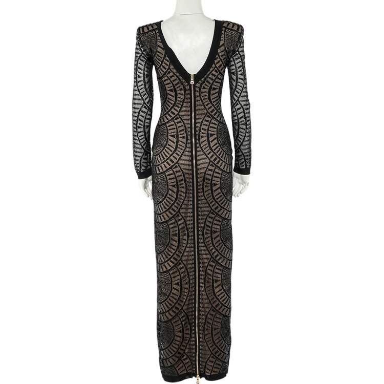 Pre Owned Balmain Black Perforated Stretch Knit Long Sleeve Dress S