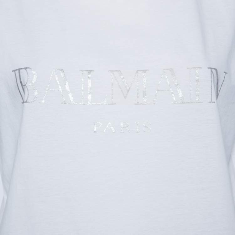 Pre Owned Balmain White Logo Printed Cotton Button Detail Sleeveless T-Shirt S