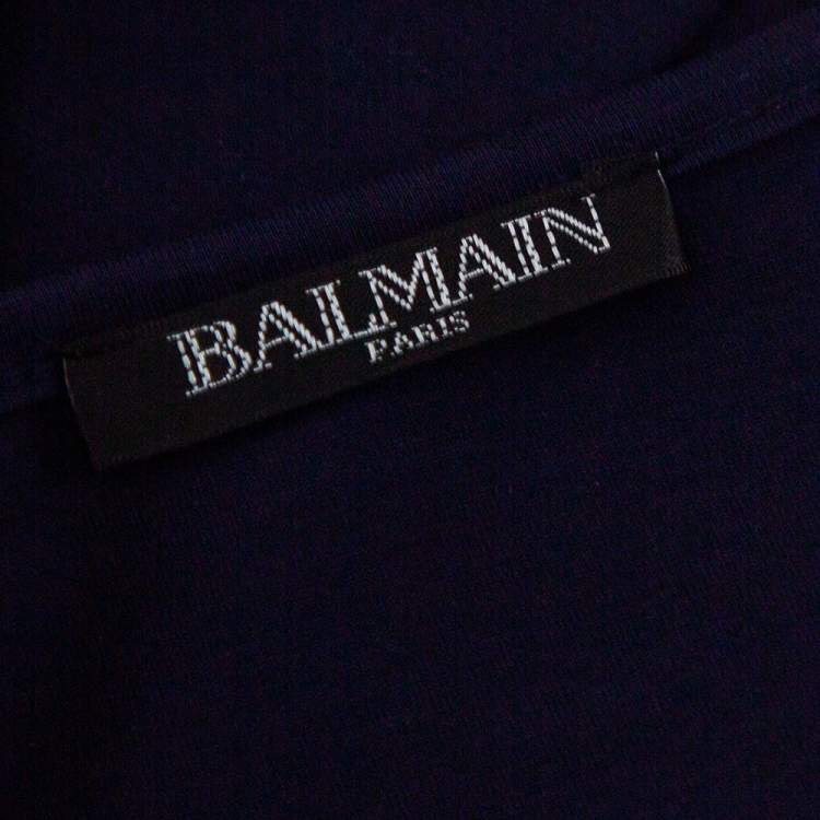 Pre Owned Balmain Navy Blue Logo Printed Cotton Button Detail Tank Top S