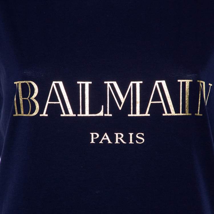 Pre Owned Balmain Navy Blue Logo Printed Cotton Button Detail Tank Top S
