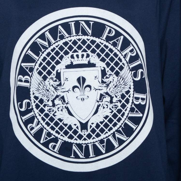 مملوكة مسبقًا Balmain Navy Blue Cotton Logo Stamp Detail Sweatshirt S