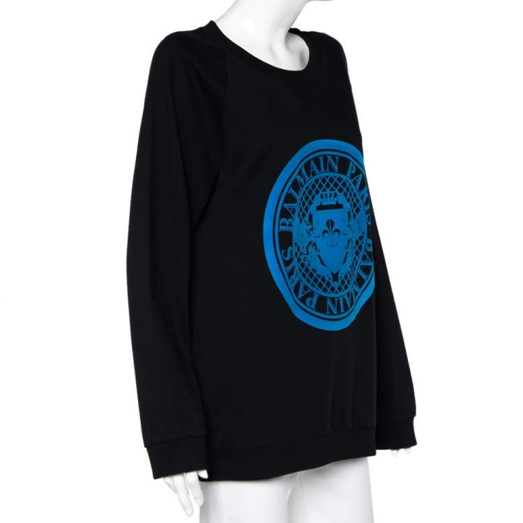 Pre Owned Balmain Black Cotton Knit Fleece Logo Detail Oversized Sweatshirt M