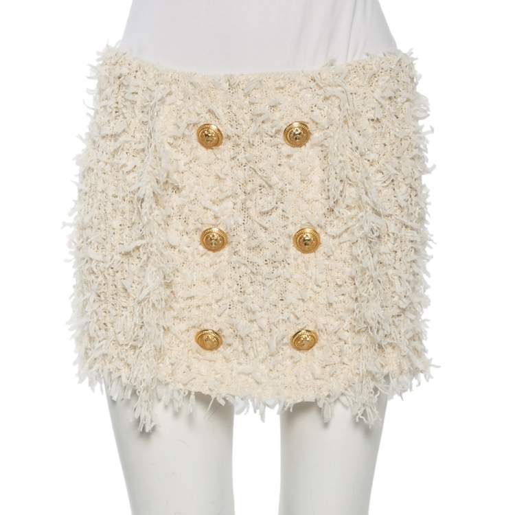 Pre Owned Balmain Ivory Bouclé Button Detail Mini Skirt M 