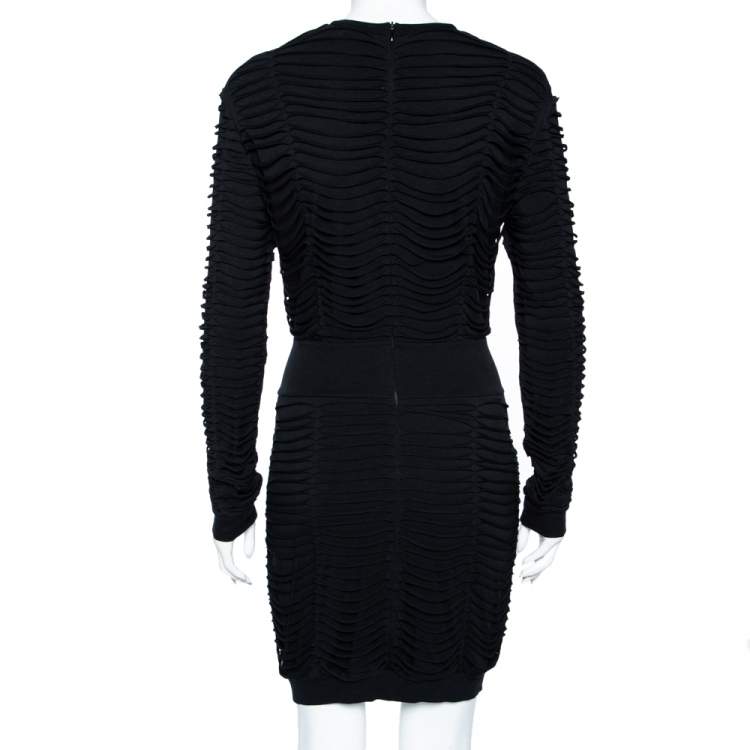 Pre Owned Balmain Black Jersey Distressed Overlay Round Neck Mini Dress S