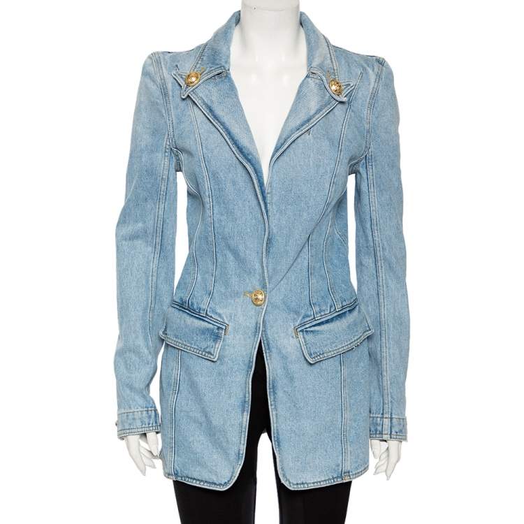 Pre Owned Balmain Blue Light Washed Denim Single Button Blazer M 