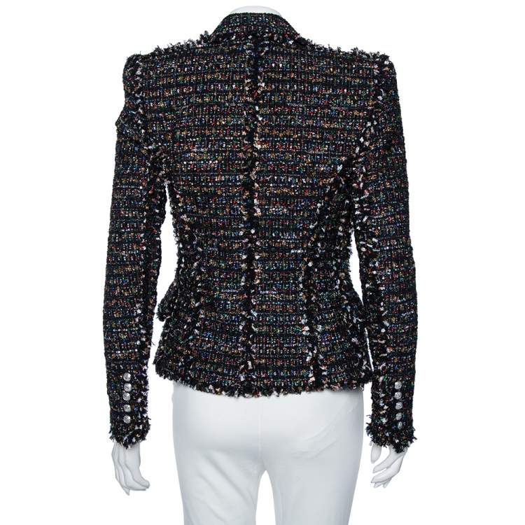 Pre Owned Balmain Black Tinsel Tweed Embellished Patch Detail Blazer S