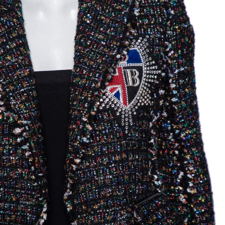 Pre Owned Balmain Black Tinsel Tweed Embellished Patch Detail Blazer S