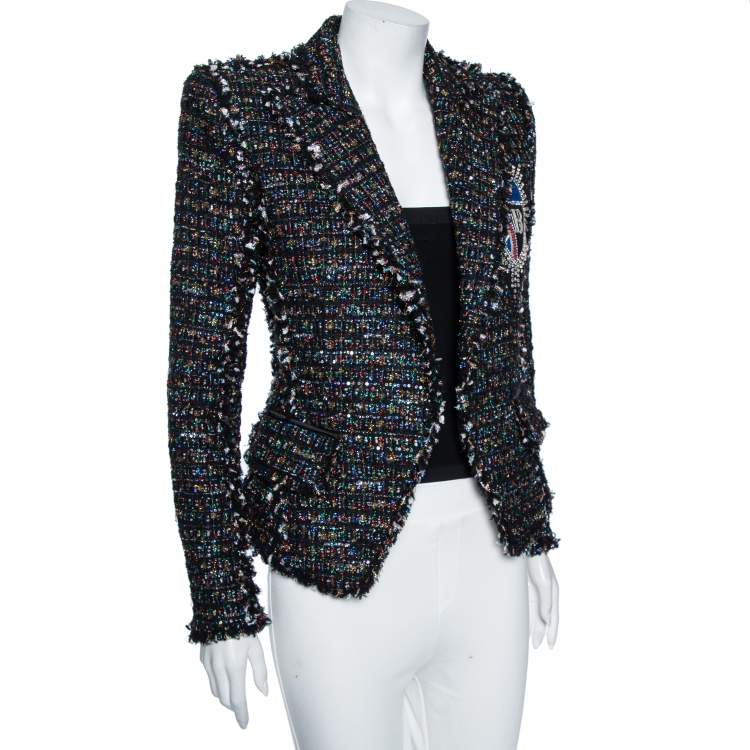 Pre Owned Balmain Black Tinsel Tweed Embellished Patch Detail Blazer S