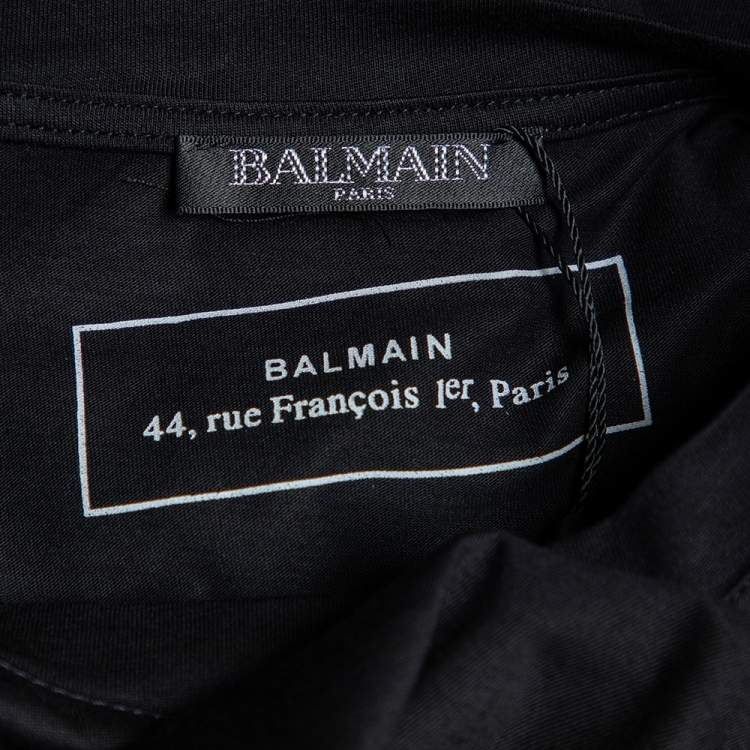 مملوكة مسبقًا Balmain Black & Gold Medallion Print Cotton Button Detail T-Shirt XS