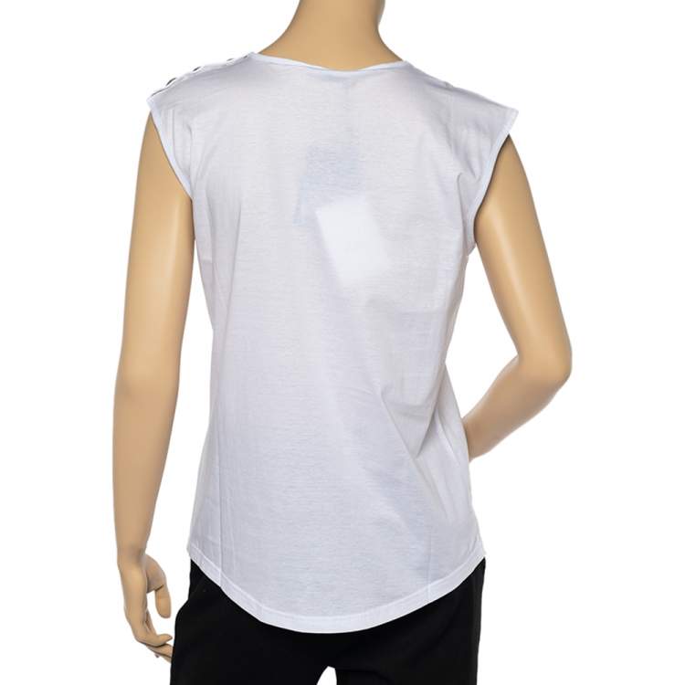 Pre Owned Balmain White Medallion Print Cotton Button Detail Sleeveless T-Shirt S