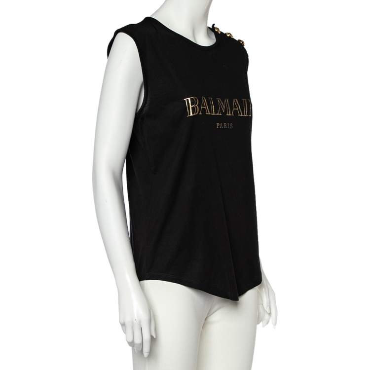 Pre Owned Balmain Black Logo Print Cotton Button Detail Sleeveless T-Shirt M