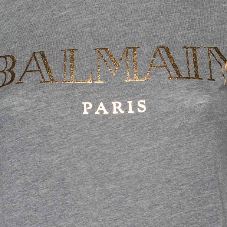 Pre Owned Balmain Grey Logo Print Cotton Long Sleeve T-Shirt XXS