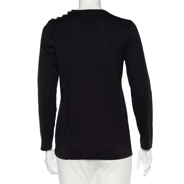 Pre Owned Balmain Black Logo Print Cotton Button Detail Long Sleeve T-Shirt XS
