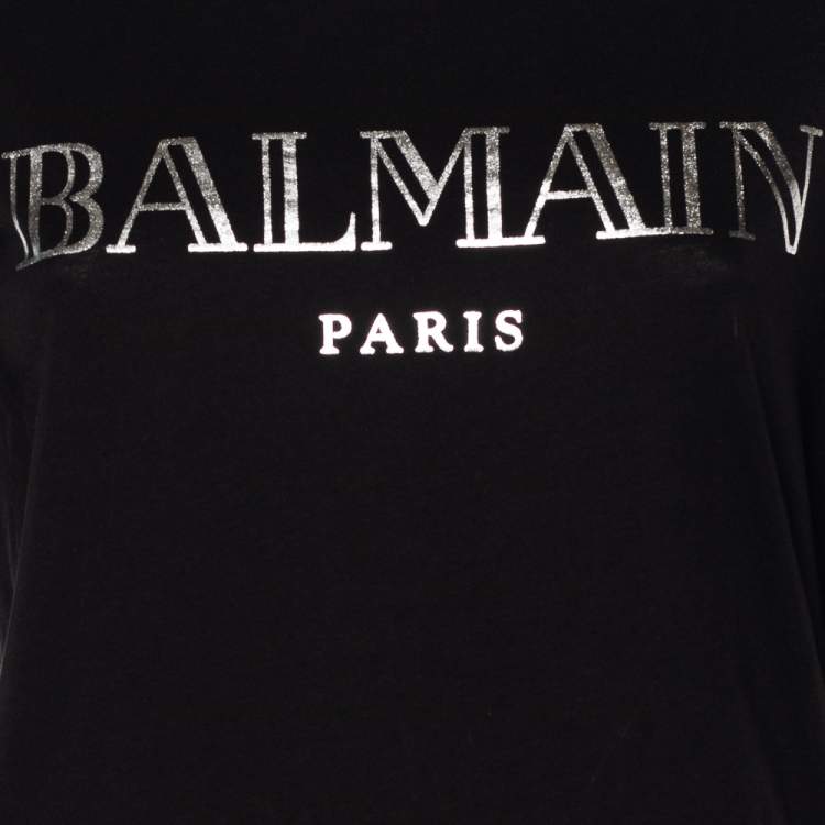 Pre Owned Balmain Black Logo Print Cotton Button Detail Long Sleeve T-Shirt XS