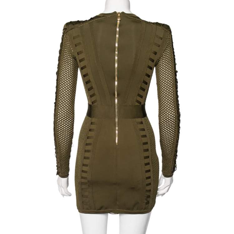 Pre Owned Balmain Olive Green Knit Cinched Waist Detailed Lace Up Mini Dress S