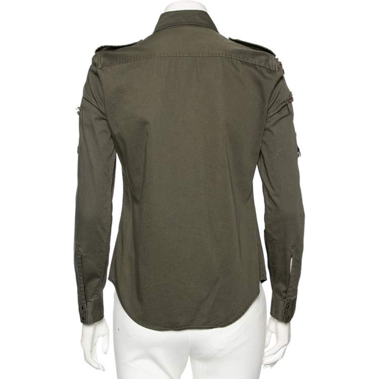 Pre Owned Balmain Dark Green Cotton Distressed Embellished Button Front Military Shirt M