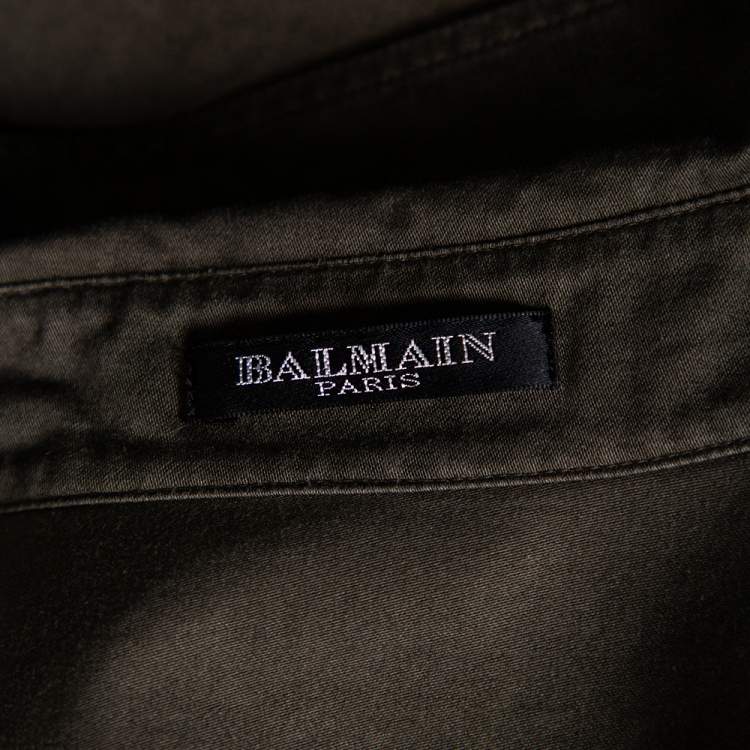 Pre Owned Balmain Dark Green Cotton Distressed Embellished Button Front Military Shirt M