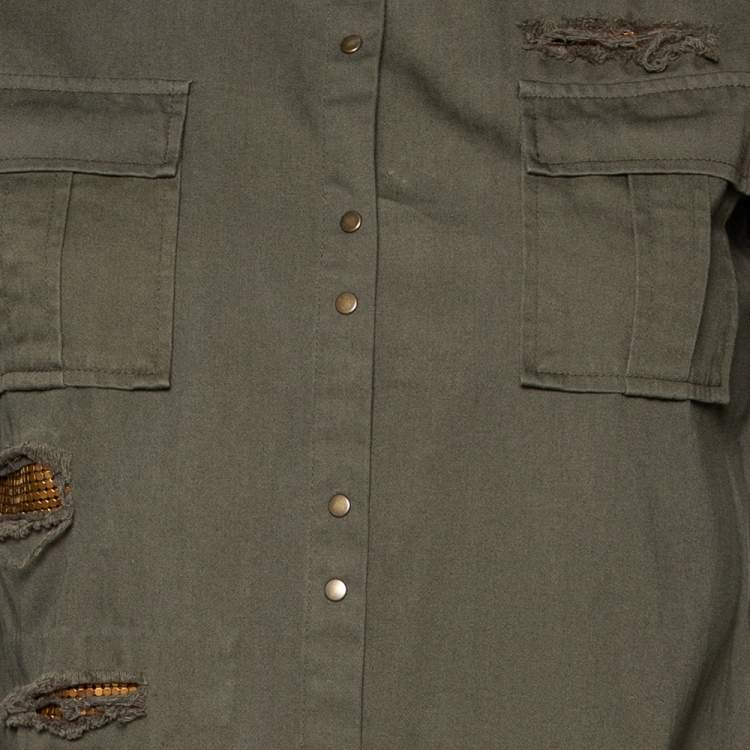 Pre Owned Balmain Dark Green Cotton Distressed Embellished Button Front Military Shirt M