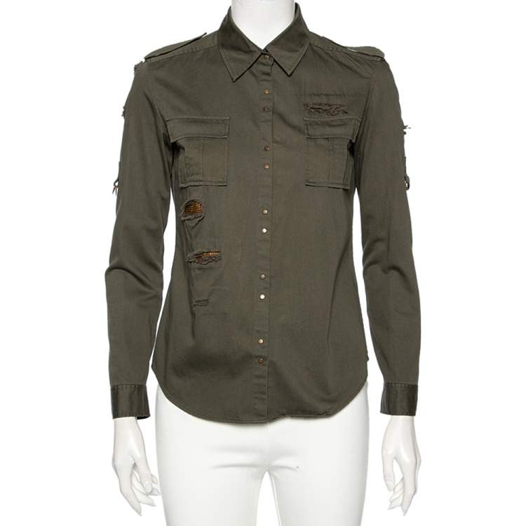 Pre Owned Balmain Dark Green Cotton Distressed Embellished Button Front Military Shirt M